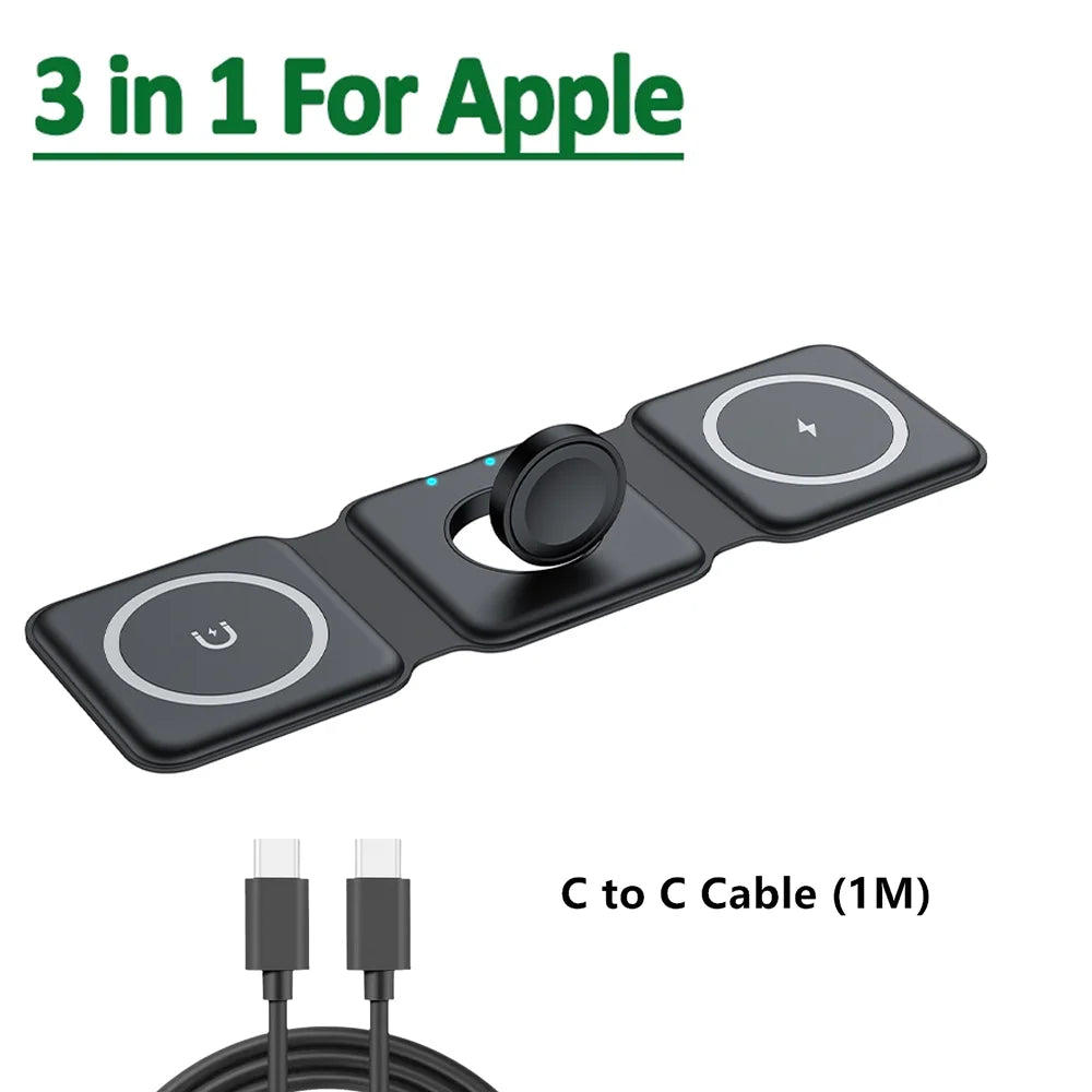 3-in-1 Foldable Magnetic Wireless Charging Station – Phone, Earbuds & Smartwatch Stand with USB-C Cable