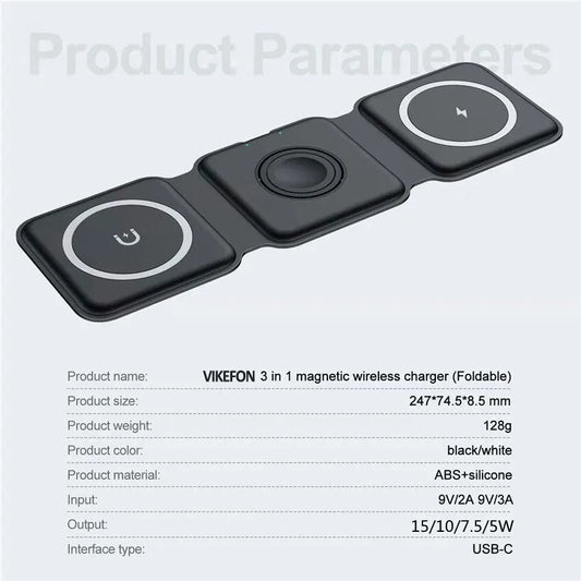 3-in-1 Foldable Magnetic Wireless Charging Station – Phone, Earbuds & Smartwatch Stand with USB-C Cable