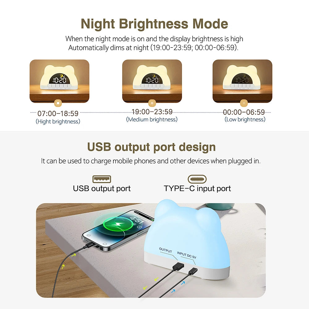 Sunrise Alarm Clock – Digital Wake-Up Light with Colorful Night Light, Bear Design (No Radio)