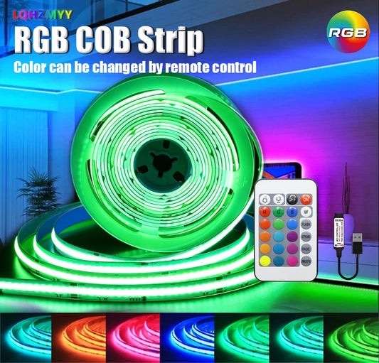 RGB COB LED Strip Lights – 5V USB Powered, 24-Key IR Remote, Color-Changing (1m–5m)
