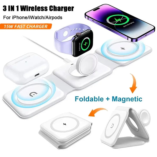 3-in-1 Foldable Magnetic Wireless Charging Station – Phone, Earbuds & Smartwatch Stand with USB-C Cable