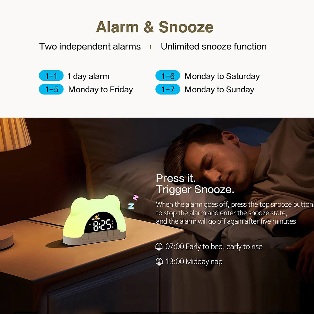 Sunrise Alarm Clock – Digital Wake-Up Light with Colorful Night Light, Bear Design (No Radio)