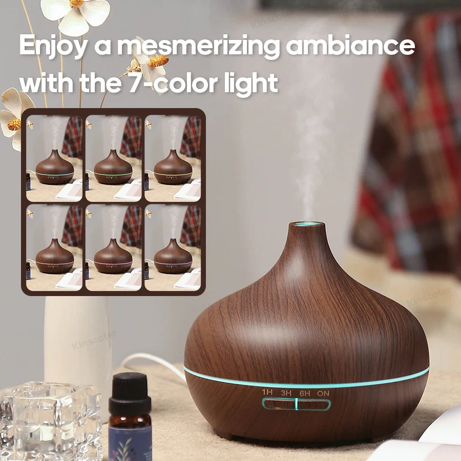 Wood Grain Aroma Diffuser – USB Cool Mist Humidifier with LED Light