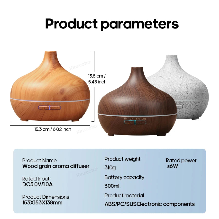 Wood Grain Aroma Diffuser – USB Cool Mist Humidifier with LED Light