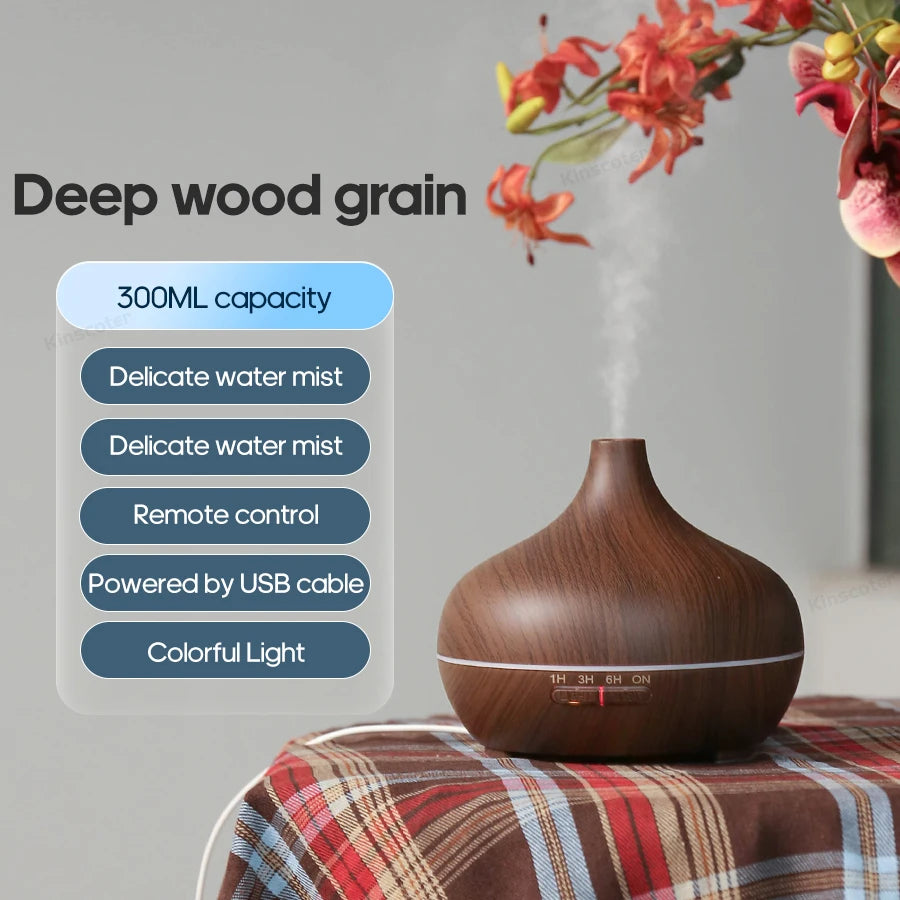 Wood Grain Aroma Diffuser – USB Cool Mist Humidifier with LED Light
