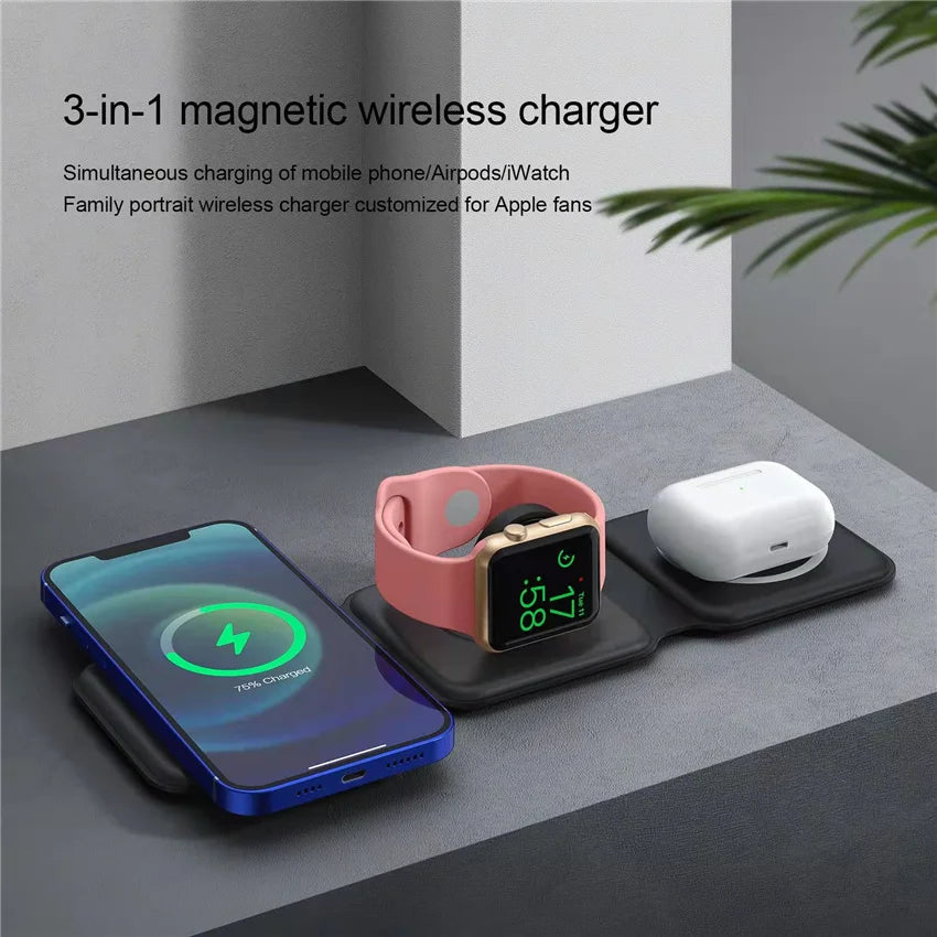 3-in-1 Foldable Magnetic Wireless Charging Station – Phone, Earbuds & Smartwatch Stand with USB-C Cable