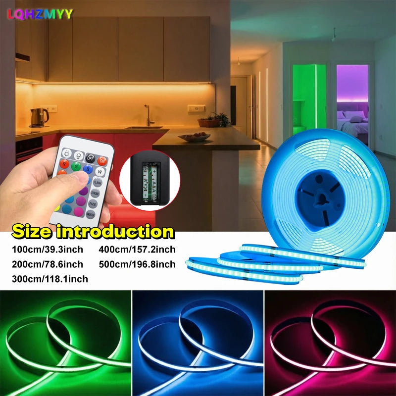 RGB COB LED Strip Lights – 5V USB Powered, 24-Key IR Remote, Color-Changing (1m–5m)