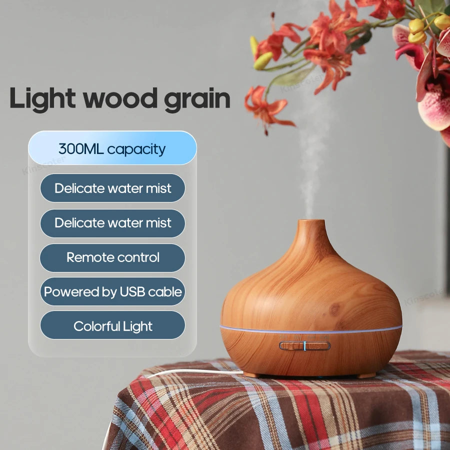 Wood Grain Aroma Diffuser – USB Cool Mist Humidifier with LED Light