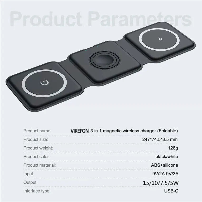 3-in-1 Foldable Magnetic Wireless Charging Station – Phone, Earbuds & Smartwatch Stand with USB-C Cable