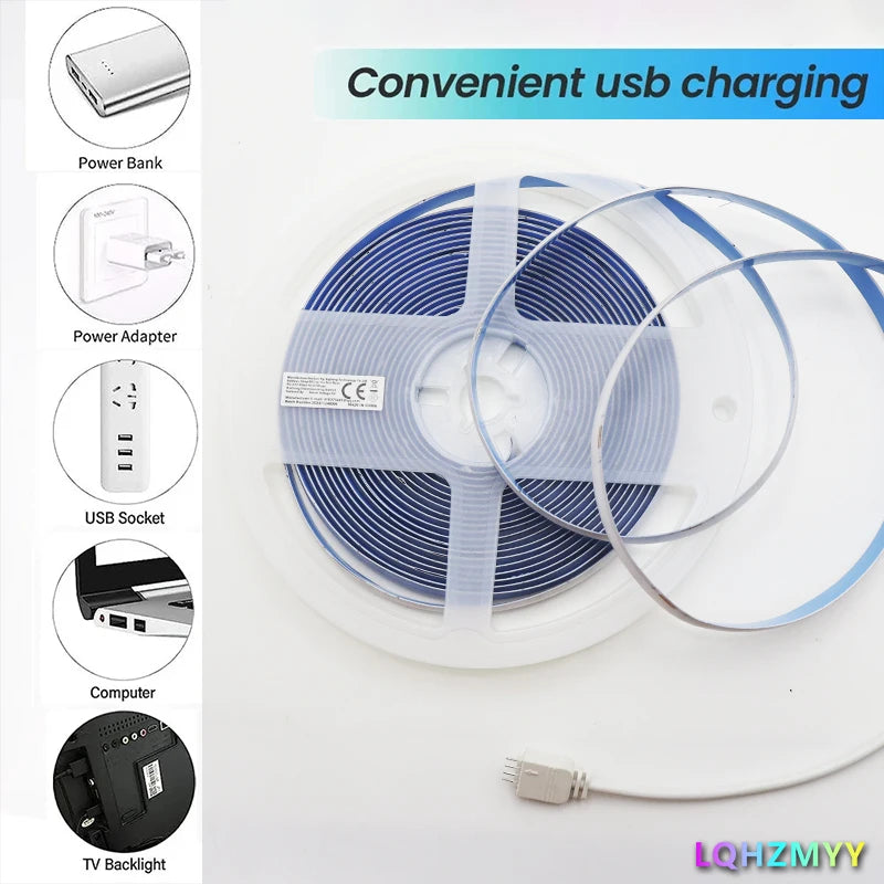 RGB COB LED Strip Lights – 5V USB Powered, 24-Key IR Remote, Color-Changing (1m–5m)