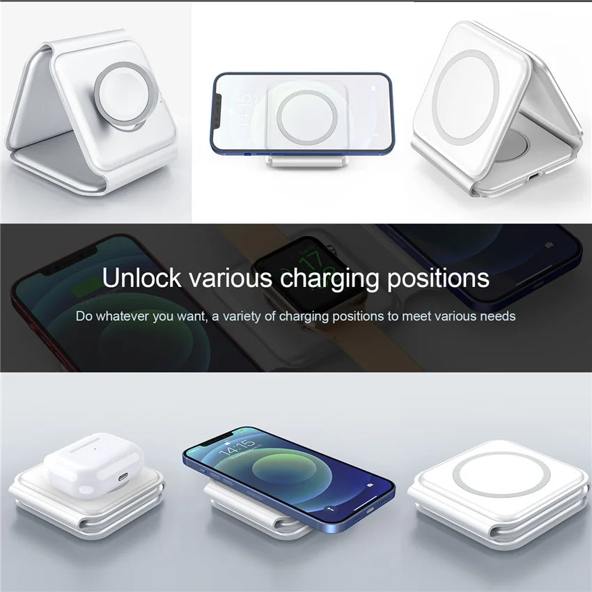 3-in-1 Foldable Magnetic Wireless Charging Station – Phone, Earbuds & Smartwatch Stand with USB-C Cable