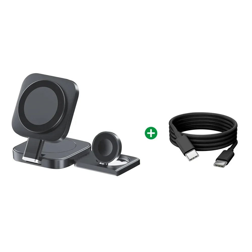 3-in-1 Foldable Magnetic Wireless Charging Station – Phone, Earbuds & Smartwatch Stand with USB-C Cable